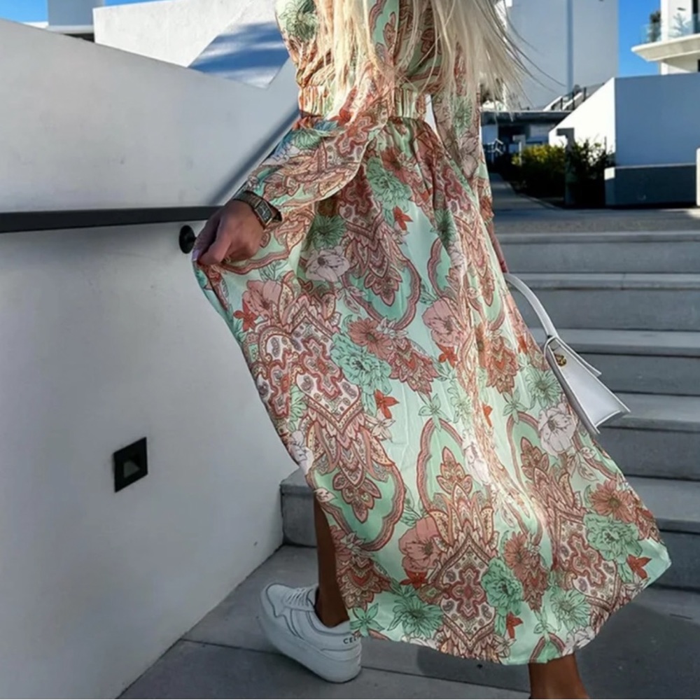 MINT GREEN/PINK BOHEMIAN DRESS - Picture 2 of 5